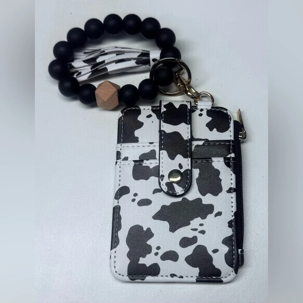 Black and White Cow Print Wristlet Keychain